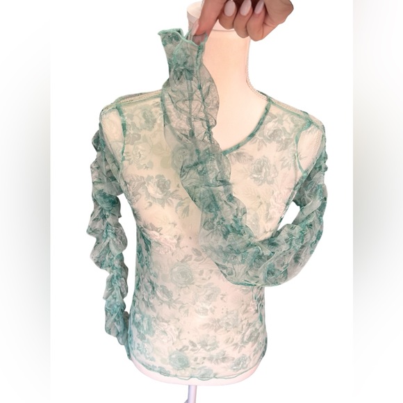 Sheer Mesh Floral Blouse Small Ruched Sleeve - Picture 7 of 12